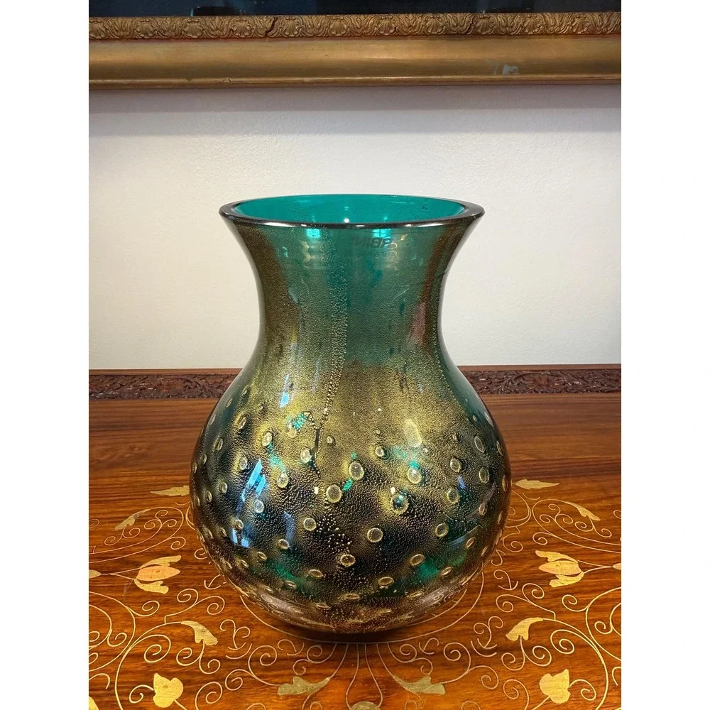 Signed Barbini Murano Art Glass Vase Emerald Green Gold Aventurine Bullicante 7